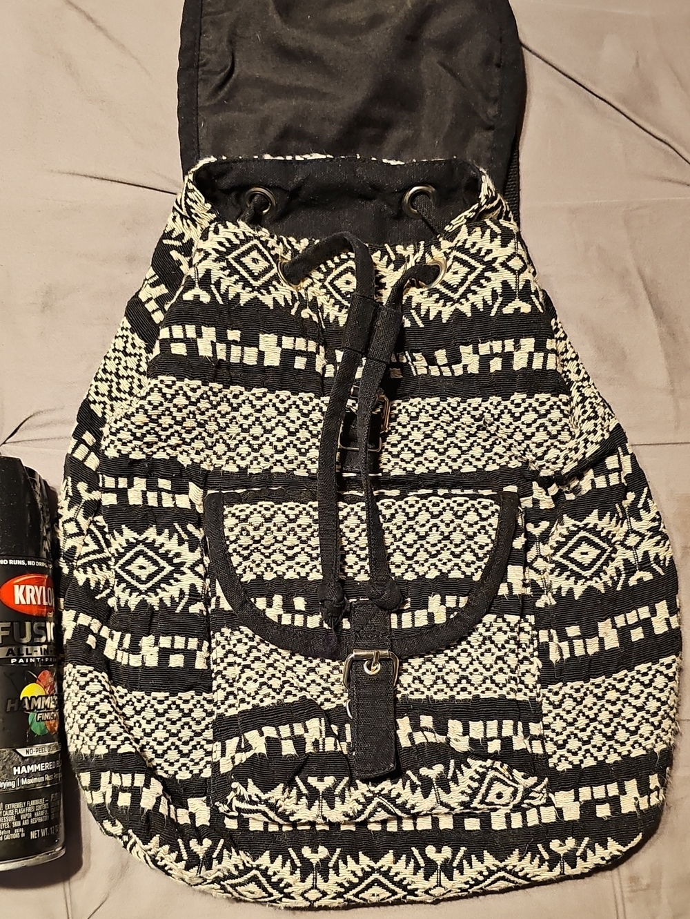 Black & Cream Woven Drawstring Backpack "SPRAY CAN FOR SIZE COMPARISON ONLY"